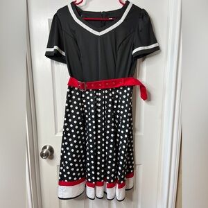 Black and White Polka Dot Dress with Red Belt